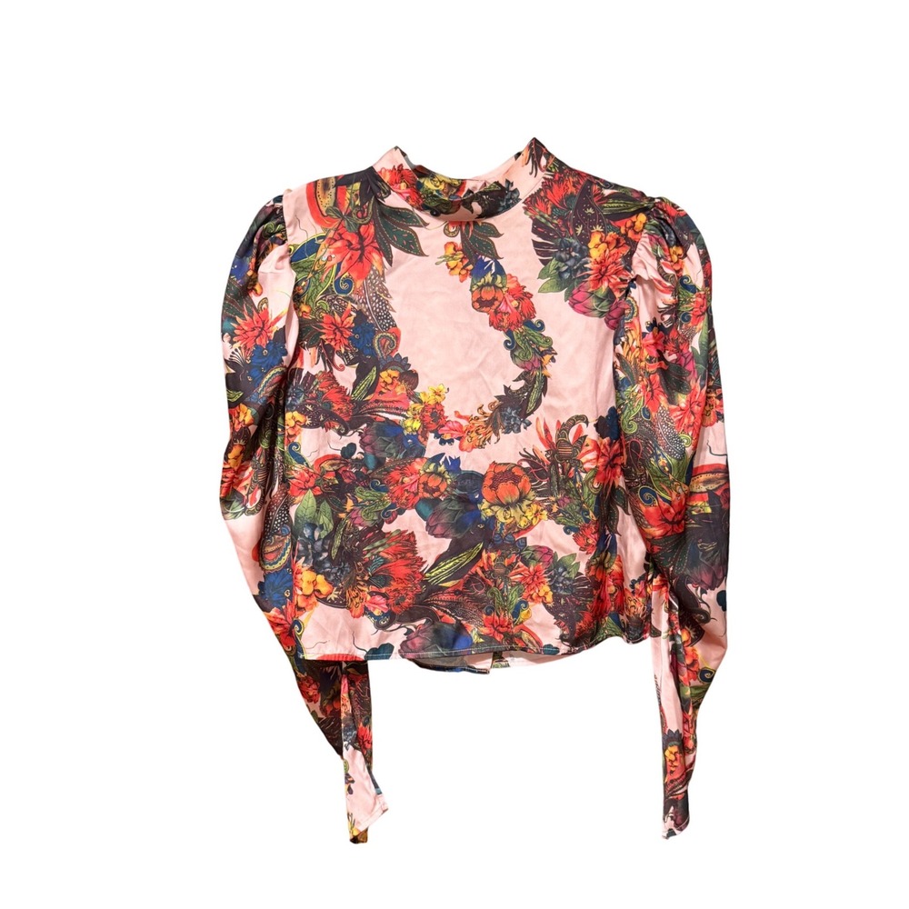 H&M‎ Blouse Floral Puff Sleeve Satin Mock Neck 8 Pink Excellent Button Back
